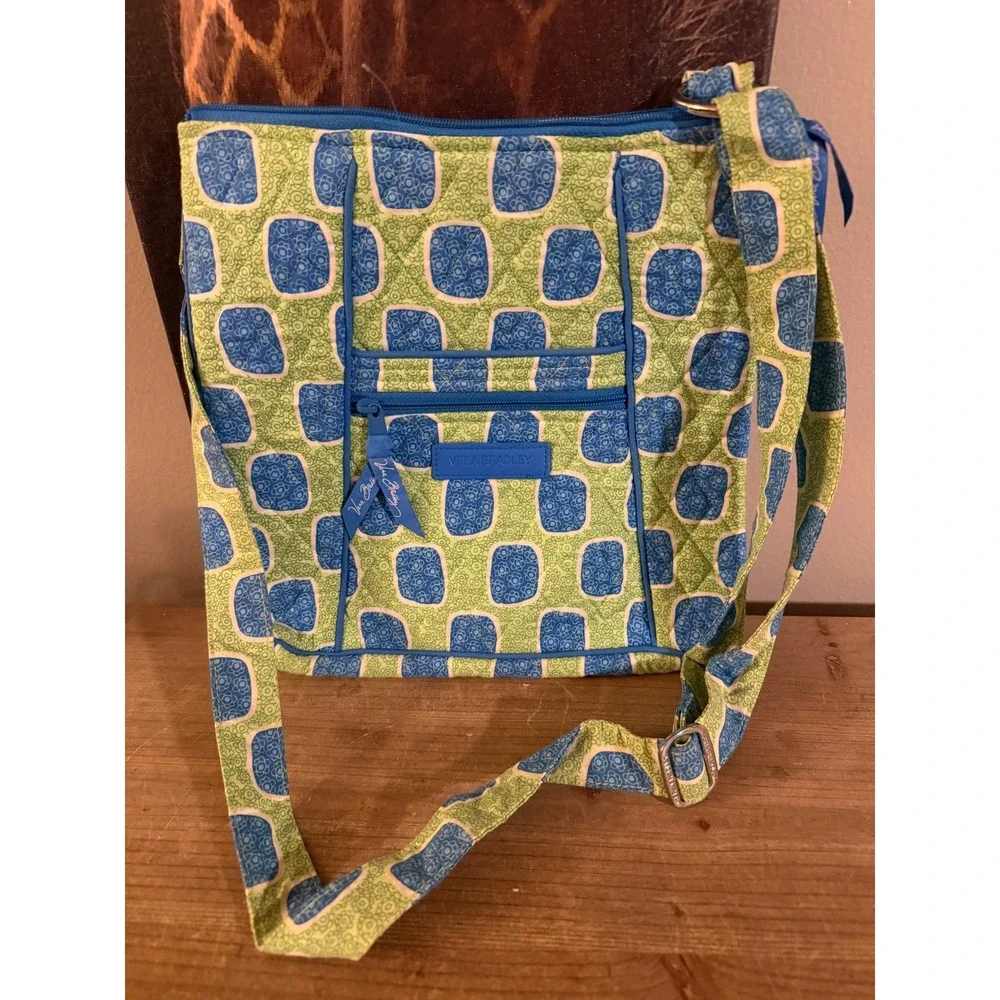 Vera Bradley Hipster Crossbody Bag Green Blue Geometric Floral Quilted Cotton